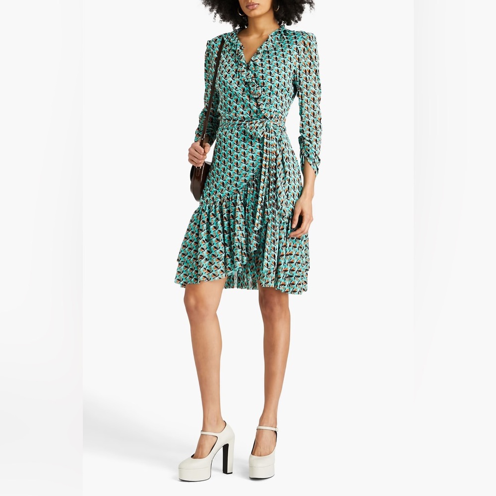 Diane Von Furstenberg Paloma Printed Mini Wrap Dress NWOT Size L Turquoise